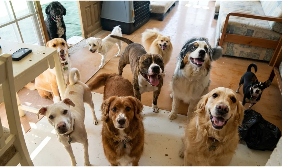 Varios perros felices recibiendo a sus cuidadores en la guardería Hakuna Matata Pet's durante su primera estancia