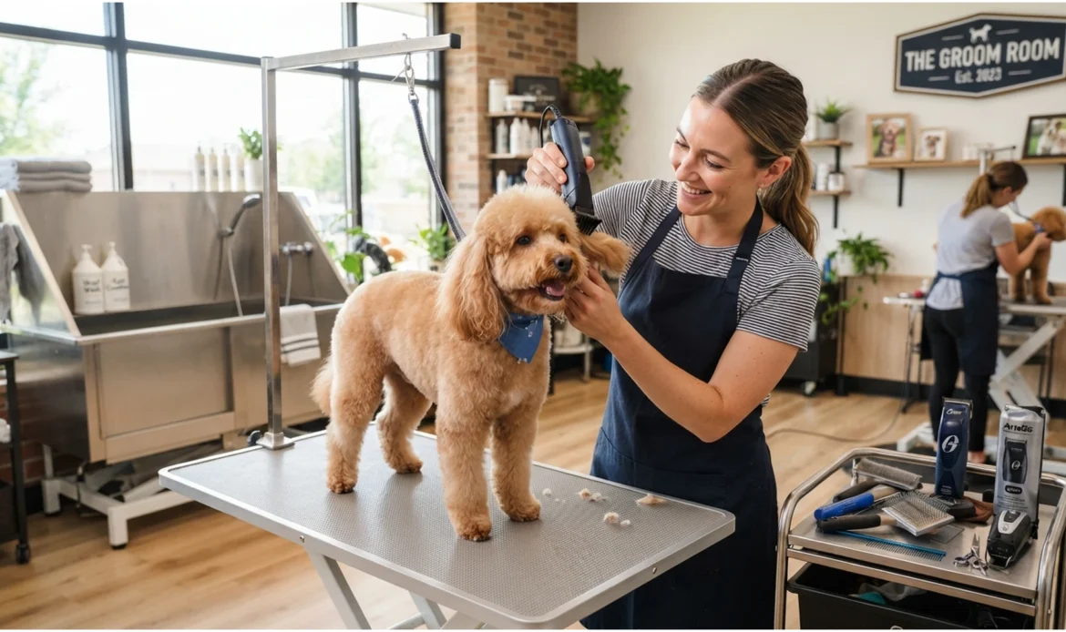 Perro recibiendo una sesión de peluquería en el salón de Hakuna Matata Pet's