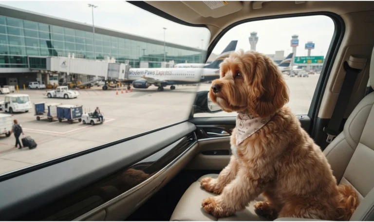 Perro sentado dentro del coche, listo para viajar de vacaciones con Hakuna Matata Pet's