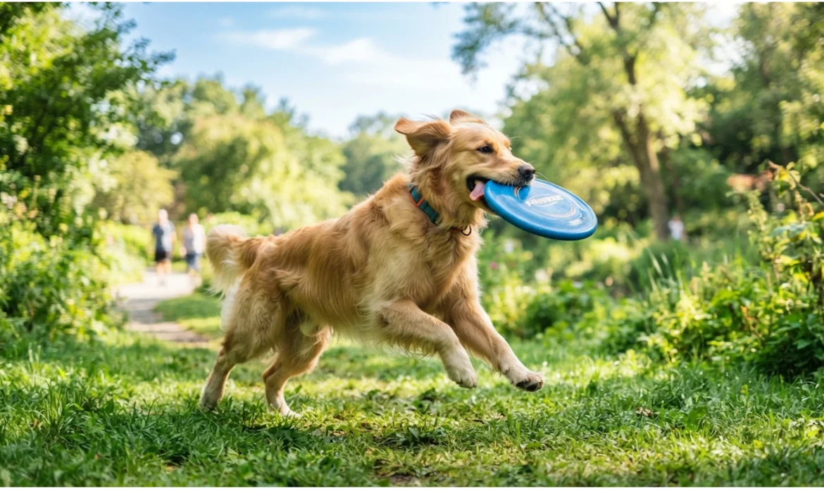 Perro feliz jugando y atrapando un frisbee en el parque durante su tiempo de ocio con Hakuna Matata Pet's