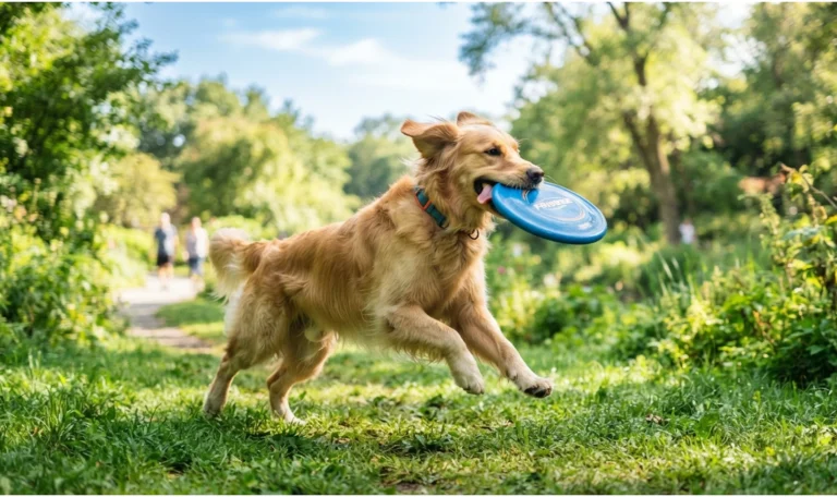 Perro feliz jugando y atrapando un frisbee en el parque durante su tiempo de ocio con Hakuna Matata Pet's