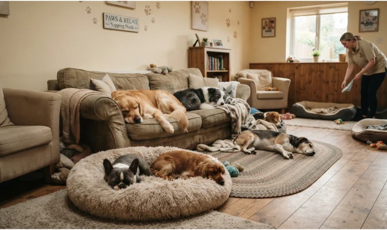 Perros descansando relajados en sofás y camas, sin jaulas, en la guardería Hakuna Matata Pet's