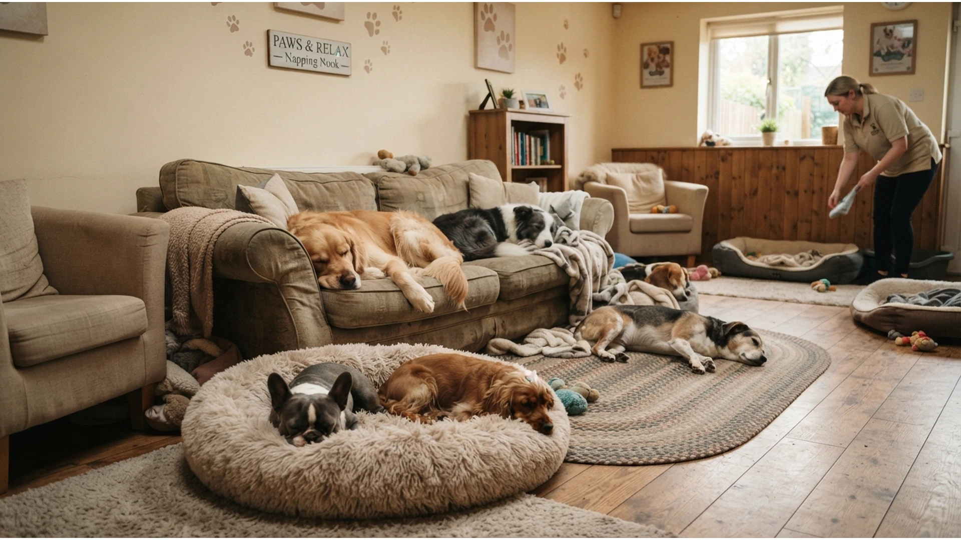 92909 Perros descansando relajados en sofás y camas, sin jaulas, en la guardería Hakuna Matata Pet's