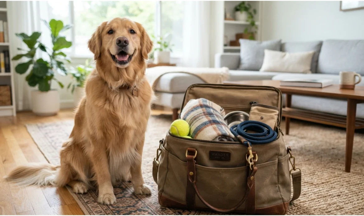 Golden retriever junto a su bolsa de viaje, listo para el servicio de traslado al aeropuerto de Hakuna Matata Pet's