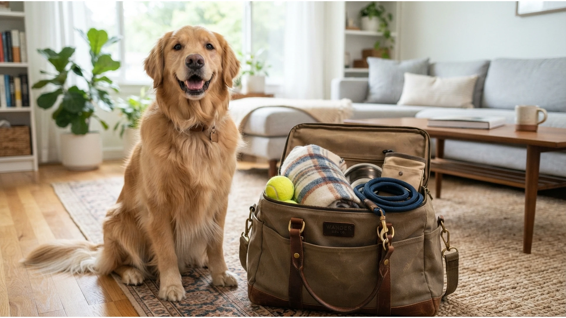 92910 Golden retriever junto a su bolsa de viaje, listo para el servicio de traslado al aeropuerto de Hakuna Matata Pet's